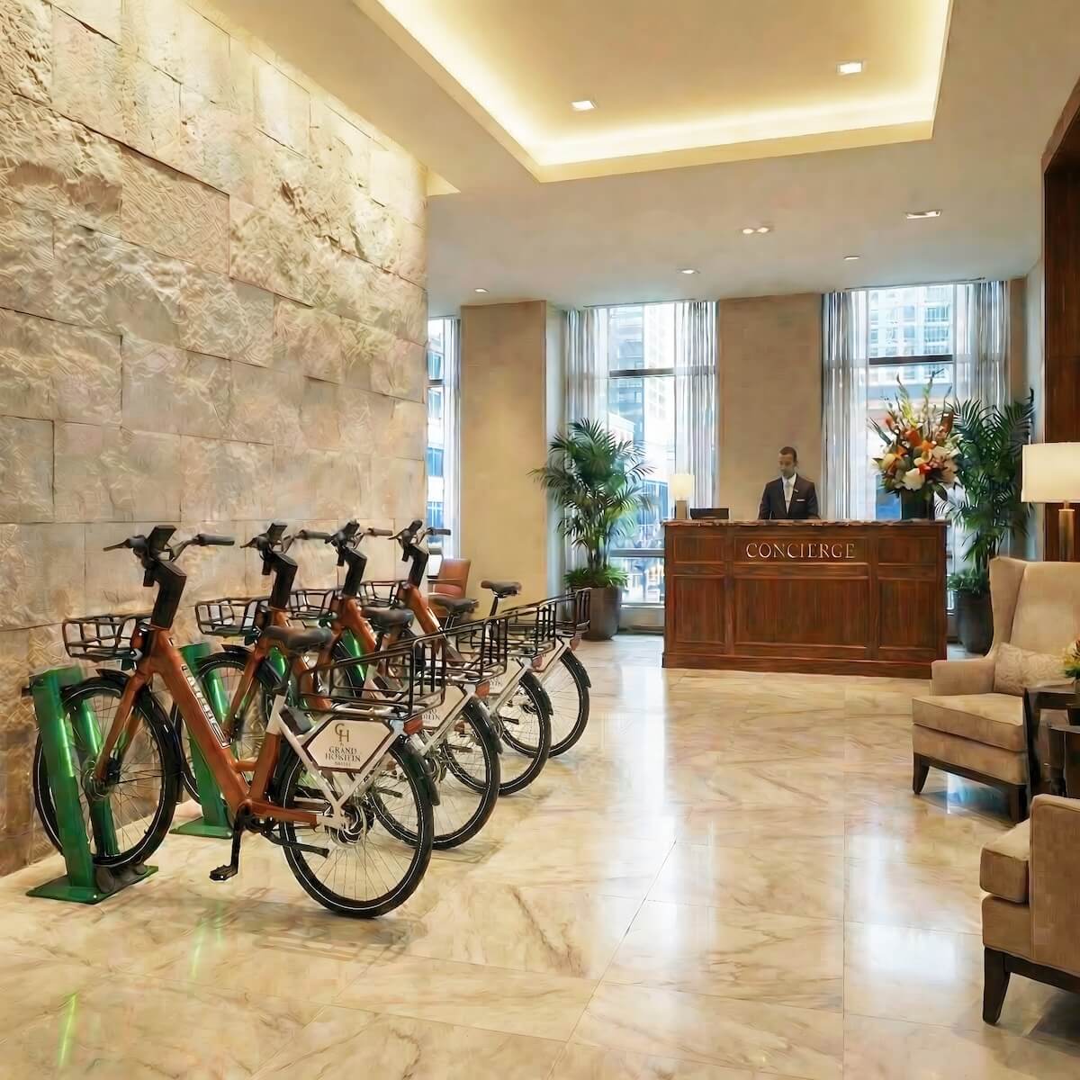 Bikes inside hotel lobby